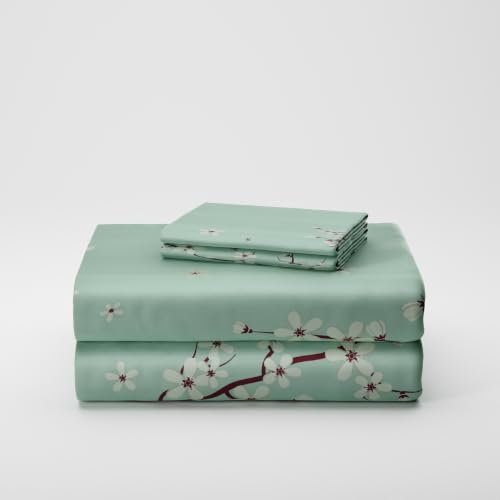 Image of BLISSHOME SoftTouch 140TC Cotton King Size Printed Bedsheet with 2 Pillow Covers for Double Bed, Silky Smooth Bedding Set, Breathable, Easy Maintain, Floral Print - Green, Ivory