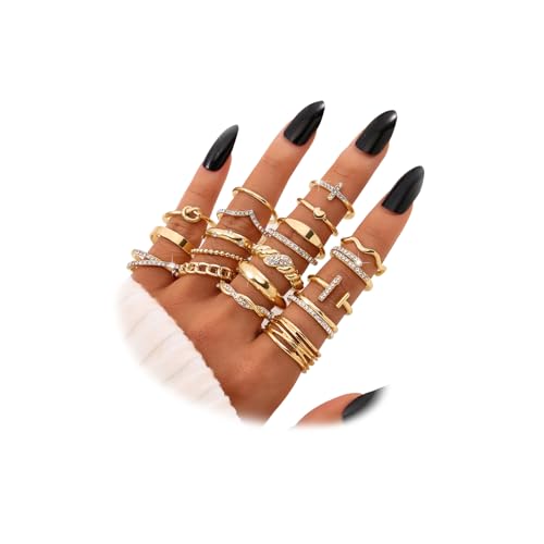 KISS WIFE Gold Silver Black Kunckle Rings Set for Women , Dainty Simple Trendy Cute Stackable Finger Rings Pack, Perfect for Stacking Layering on Thumb and Knuckle, Mixed Size, Jewelry Gift (Gold-Sparkling)