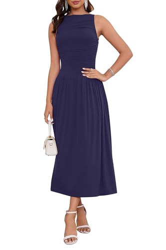 Image of Womens Summer Casual Midi Maxi Dress 2026 Sleeveless Ruched A Line Flowy Cocktail Wedding Guest Beach Long Sundress