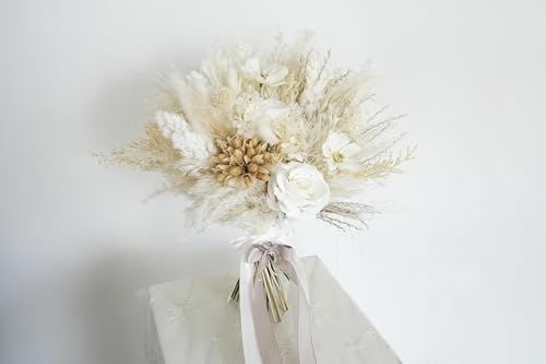 Ramo de boda Beige Pampas con rosas blancas y flores artificiales