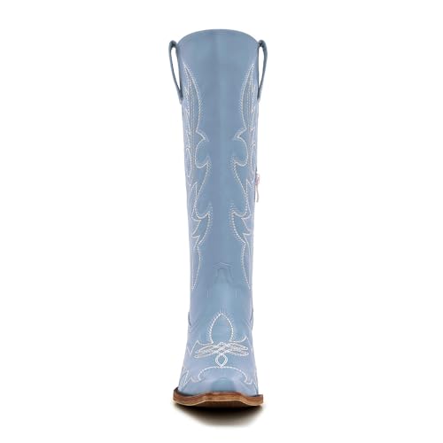 Image of Uillnoodu Women's Turquoise Cowgirl Boots - Wide Calf Mid Calf Western Boots Plus Size Embroidered Cowboy Style with Block Heel