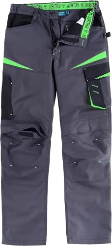 WORKTEAM Pantalón de Trabajo en Tejido Canvas (Extremadamente Resistente y Duradero), Slim Fit, Multibolsillos, Porta Martillo, Refuerzo para Rodilleras, Vivos Reflectantes, Unisex Gris S
