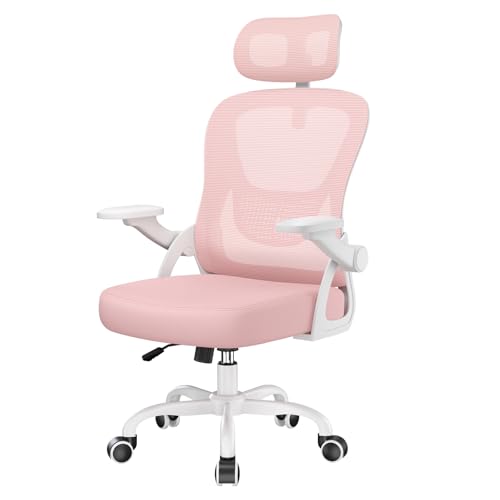 naspaluro Office Desk Ergonomic Chair with Flip-up Armrests/Headrest/Back Support Comfy Computer Small Heavy Duty Swivel Chairs for Home Office Comfortable Pink Study Work Mesh PC Chairs & Stools
