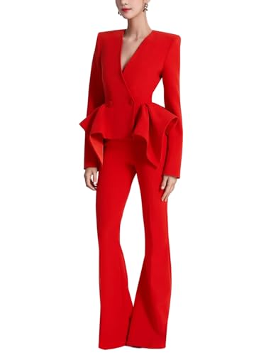 Women's 2 Piece Pant Blazer Sets V Neck Long Sleeves Patchwork Buttons Irregular Coat Pants Sets Female Suit Outfits