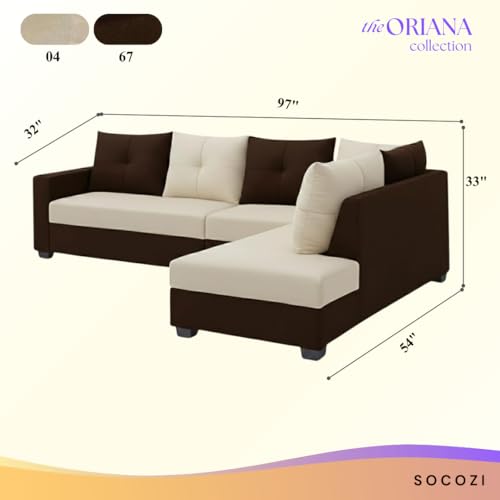 Image of SOCOZI Oriana 6 Seater RHS L Shape Sofa Set | Soft Velvet Suede Fabric | Modern Design | Plush Comfort Cushions for Living Room (Dark Brown-Cream)