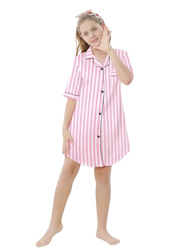 Image of Schbbbta Girls & Women Silk Nightgown, Short Sleeve Button Down Satin Nightshirt Pajama House Dress, 3 Years- Women 2XL