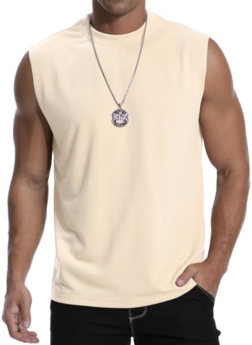 MLANM Mens Vests Tops Sleeveless Round Neck Rolled Up Casual Loose Tank Tops Lightweight Muscle Gym Summer Mens Sleeveless T-Shirt 100% Polyester Apricot L