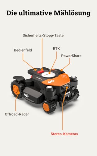 Worx Landroid Vision Cloud WR342E 4WD Mähroboter mit Garage, kabelloser Rasenmähroboter für bis zu 2 000 m², (KI-Hinderniserkennung, VSLAM + RTK-Cloud-Navigation, 84% Steigung, Auto-Kartierung)