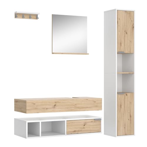 Conjunto de Muebles de baño Vicco Henri White Artisan, Cuarto de baño, Serie de Cuarto de baño Moderno Espejo Frontal Decorativo Estante de Pared Consola de Lavabo Mueble Alto