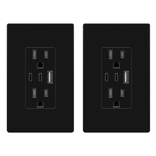 Image of TOPGREENER 4.2A 3-Port Type C USB Outlet, 15 Amp Receptacle Plug, Charging Power Outlet with Dual Type C&A Ports, Screwless Wall Plate Included, UL Listed, Residential Grade, Black, 2 Pack