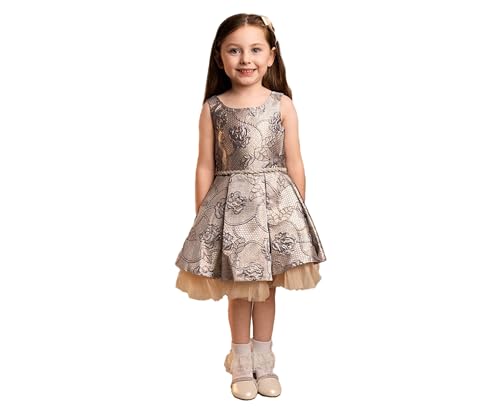 Vestido con escote alto y bajo para niña en tul y jacquard floral azul