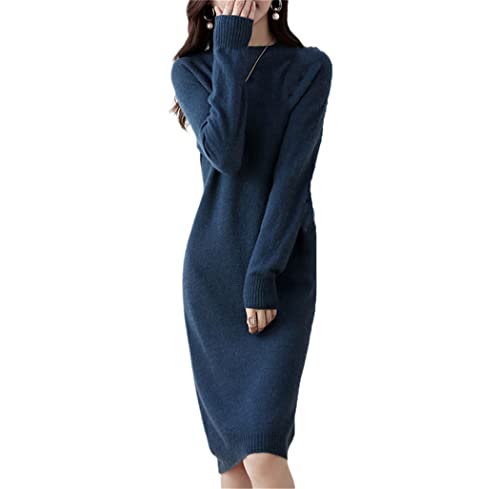 Robe midi en laine tricotée femme col roulé épais chaud bleu foncé