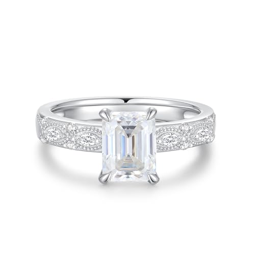 Emerald Cut Moissanite Ring For Women 18 K White Gold Plated S925 Sterling Silver Simple-Vintage Engagement Women Ring For Her