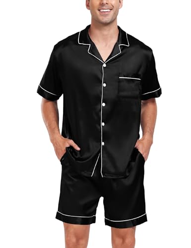SWOMOG Men Satin Silk Pajamas Sets Short Sleeve Sleepwear Button-Down PJs Sets Two-Pieces Loungewear with Pockets3
