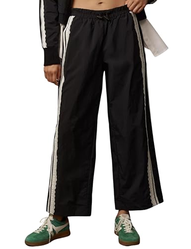 MINSURE Women Baggy Track Pants Lace Side Stripe Drawstring Elastic Waist Wide Leg Parachute Pants with Pockets(Black-M)