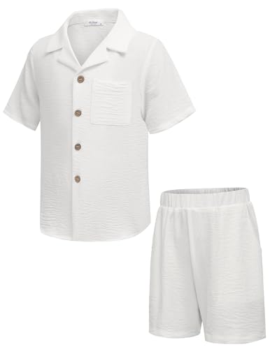 Image of Arshiner Boys 2 Pieces Summer Beach Outfits Short Sleeve Button Down Shirts and Shorts Vacation Texture Sets for Kids