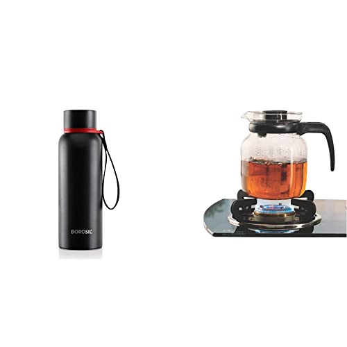 Image of Borosil - Stainless Steel Hydra Trek - Vacuum Insulated Flask Water Bottle, Black, 700ML & Borosil - Carafe Flame Proof Glass Kettle with Stainer, 1L