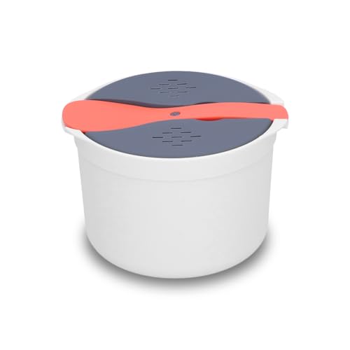 Tiiyee Cuiseur Riz Micro-Ondes, 2 en 1 avec Passoire Autocuiseur Antiadhésif 2L pour Céréales Légumes 2 Étages Lavables Économiseur Temps et Kit Cuillère Couvercle (Orange)