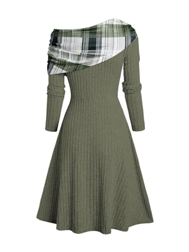 ZAFUL Women's Off Shoulder Asymmetric Knitted Midi Dress Long Sleeve Plaid Patchwork Ribbed A Line Dresses3