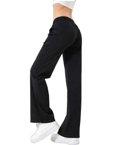 Women's Elastic Waisted Jeans High Waisted Wide Leg with Pockets, Soft Breathable Cotton Blend