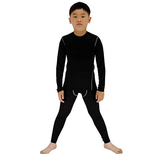 LANBAOSI Boys & Girls Long Sleeve Compression Shirts and Pant 2 Pcs Set Black 14