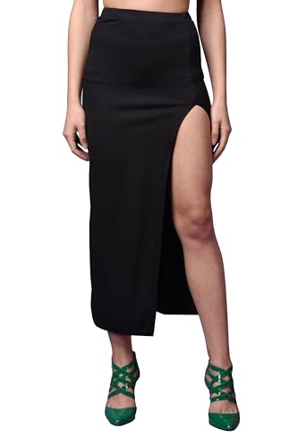 Image of POPWINGS Casual Solid Self Design Rib Long Slit Skirt for Women - Stylish Summer Skirt