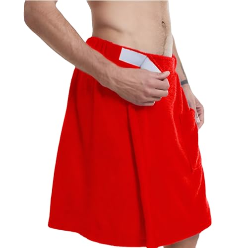 Jamron Mens Adjustable Bath Towel Wrap - Wearable Towel Skirt with Pocket for Gym Shower Sauna Spa & Beach Cover Ups Red M - Image 4