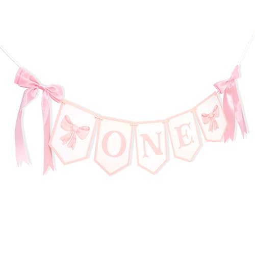 Rweseo Roze boog kinderstoel banner - boog meisje 1e verjaardag decoraties, roze eerste kinderstoel banner, flirt meisje 1e verjaardagsfeestje kinderstoel (Bow-2)