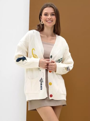 Image of Women's Cable Knit Open Front Cardigan V-Neck Button Down Embroidery Wool Blend Sweater Coat