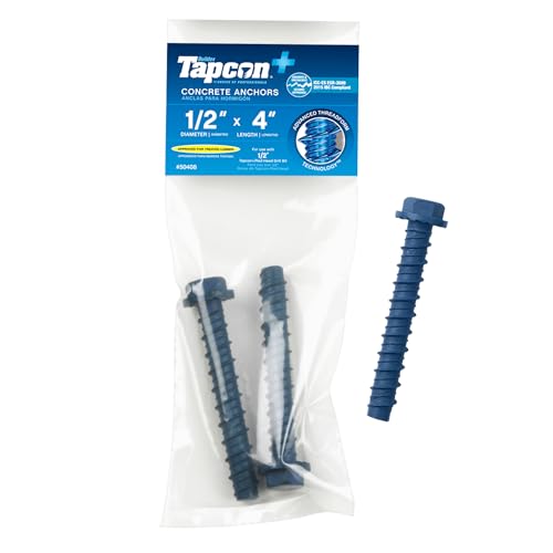 Tapcon+ 1/2 x 4 Inch Heavy-Duty Hex Head Concrete Anchors, 2 PCS, Corrosion Resistant Blue Climaseal™ Coating, Outdoor Rated Use, Concrete Block &amp; Masonry Brick Screws, Drill Bit Sold Separately