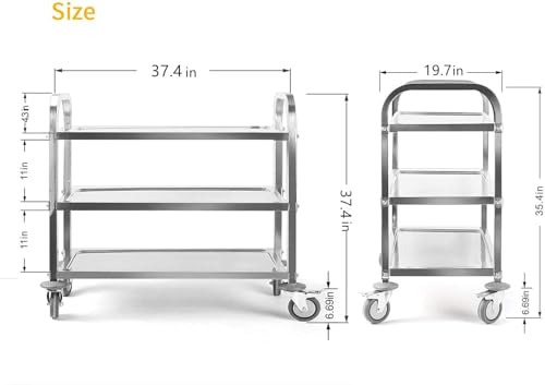 uyoyous Extra Large 3 Tier Stainless Steel Utility Cart 37 x20 x37 inch Commercial Heavy Duty Rolling Cart Food Storage Service Trolley with 360°Rotatable Wheels for Kitchen Hotel Restaurant Home Use