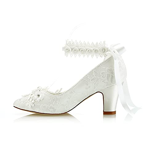 JIAJIA 62311B Women's Bridal Shoes Closed Toe 2.7" Chunky Heel Lace Satin Pumps Satin Flower Ribbon Tie Wedding Shoes2