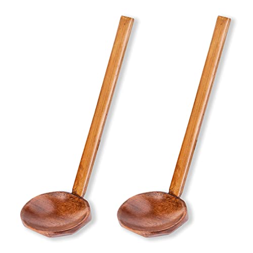 Cucharas de Sopa de Madera Hecho a Mano Cuchara Japonesa Mango Largo Grande para Hogar Restaurante Ramen Gachas Olla Caliente Marrón 2 Piezas Cover