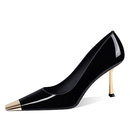 FOWT Women Metal Sqaure Cap Toe Pumps Slip on Gold Stiletto High Heels Party Dating Formal Wear Shoes Size 4-16 US