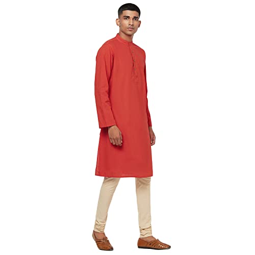 Fabindia Men's Cotton Embroidered Comfort Kurta_Rust_S