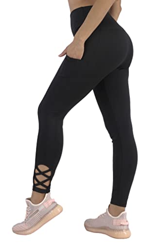 Shosho Womens High Waist Tummy Control Sports Leggings Athletic Workout Yoga Tights With Pockets & Criss Cross Ankle Detail Solid Black Large #TOP20