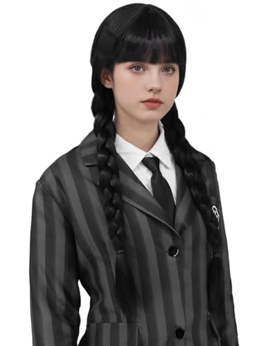Creamily Women Girls Long Black Braids Wig with Bangs Long Straight Pigtails Wig for Adult Costume Halloween Straight Black Braided Hair with Bangs for Halloween Party Cosplay
