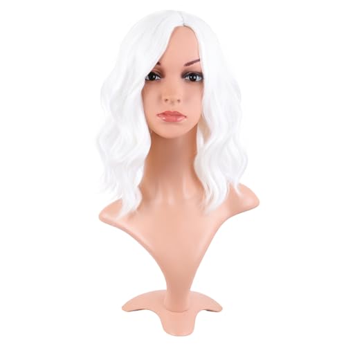 MapofBeauty 14 Inch/35 cm Bob Wavy Short Curly Body Wave Cosplay Anime Synthetic Hair Party Wig (White)