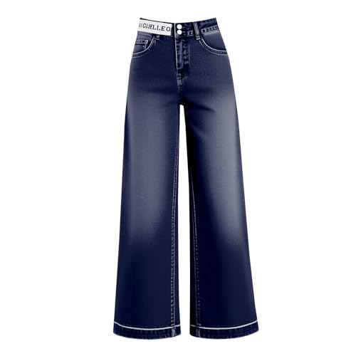Women's Wide Leg Denim Pants High Waist Button Stretchy Loose Trendy Jeans Business Work Office Trousers with Pocket