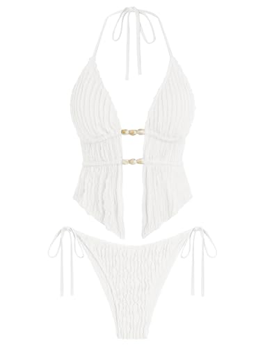Image of ZAFUL Halter Swimsuits for Women Textured Backless 2 Piece Bathing Suits Cheeky High Cut String Tie Side Bikini Sets