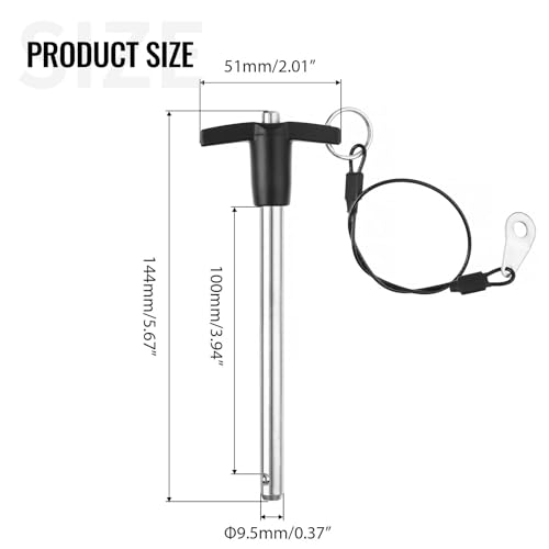 ZOWZEA T Handle Quick Release Pin 3/8 Inch Diameter ,Stainless Steel Ball Locking Pin with Push Button Lanyard Cable Usable Length 3.94"(9.5*100mm)
