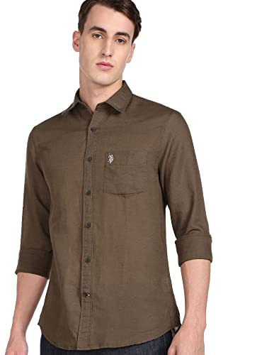 Image of U.S. Polo ASSN. Men's Solid Cotton Linen Tailored Fit Spread Collar Casual Shirt