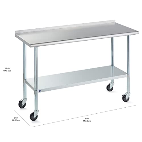 Image of Stainless Steel Table for Prep & Work with Caster & Backsplash 24x60 Inches, NSF Metal Commercial Kitchen Heavy Duty Table with Adjustable Under Shelf and Table Foot for Restaurant, Home and Hotel