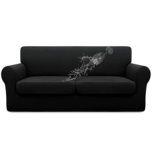 Image of Easy-Going Waterproof 3-Piece Oversized Loveseat Couch Covers for Sofa | 3-Piece Set Spandex Sofa Cover Slipcover Elastic Bottom Dog Pet Friendly Black