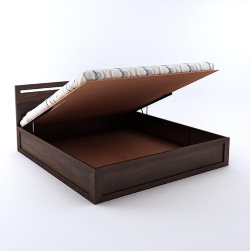 Image of Solid Sheesham Wood Queen Size Bed with Hydraulic Storage for Living Room Bedroom Home | Wooden Queen Size Cot Palang (Walnut Finish) - 1 Year Warranty