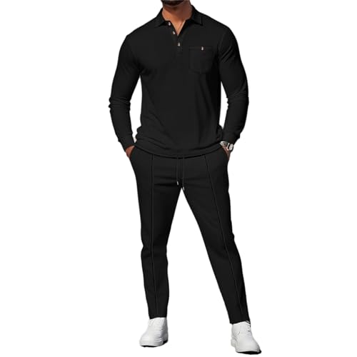 crazynekos Men's Waffle Textured Sets 2 Piece Long Sleeve Polo Shirt and Trousers Solid Color Casual Clothing
