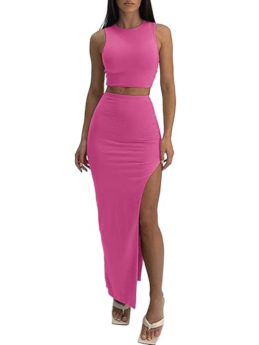 Image of ELLEVEN Sexy 2 Piece Maxi Skirt Sets for Women, Going Out Outfits | High Stretch, Lightweight, Slim Fit, Sleeveless Knit Crop Tank Top, High Slit Skirt Dress Set, Summer Date Night Outfits
