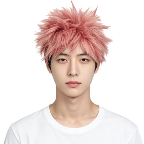 Linfairy Anime Cosplay Short Straight Mixed Color Wig Halloween Costume Party Cosplay Wig for Unisex (Short Pink Black)