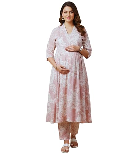 Image of DUMMY SHAPE Maternity Dresses for Women Cotton | Floral Kurta Pant Dupatta Set with Nursing Zippers, Side Pocket | Pre & Post Pregnancy | Feeding Kurti Suit | Baby Shower | Gifts for Pregnant Woman