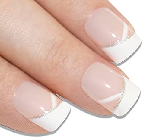 False Nails Bling Art French Fake White Glitter Squoval 24 Acrylic Medium Tips